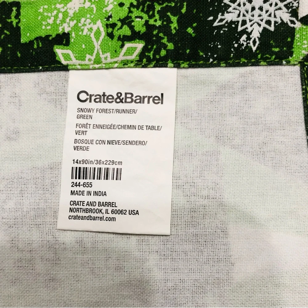 Crate & Barrel Snowy Forest, Shades of green on white Table Runner, 24”x90”.